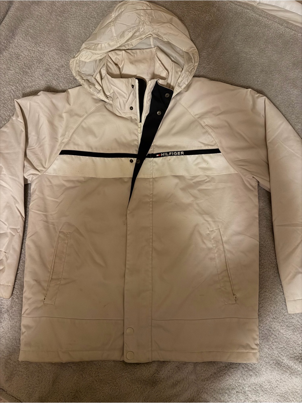 Tommy Hilfiger Cream Hooded Puffer Jacket with Black Trim